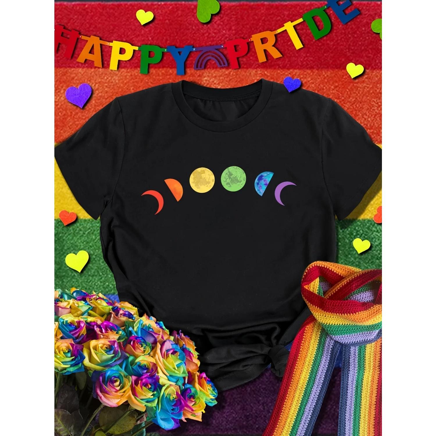 Pride Moon Graphic Round Neck Sports Tee Short Sleeves Causal Running T-shirt TopWomen s Activewear S