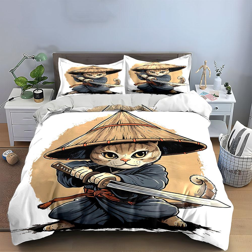 Cat wearing samurai attire. Bedding sets Duvet cover sets Duvet covers Pillowcases(1*Duvet Cover 2*Pillowcases without duvet insert)
