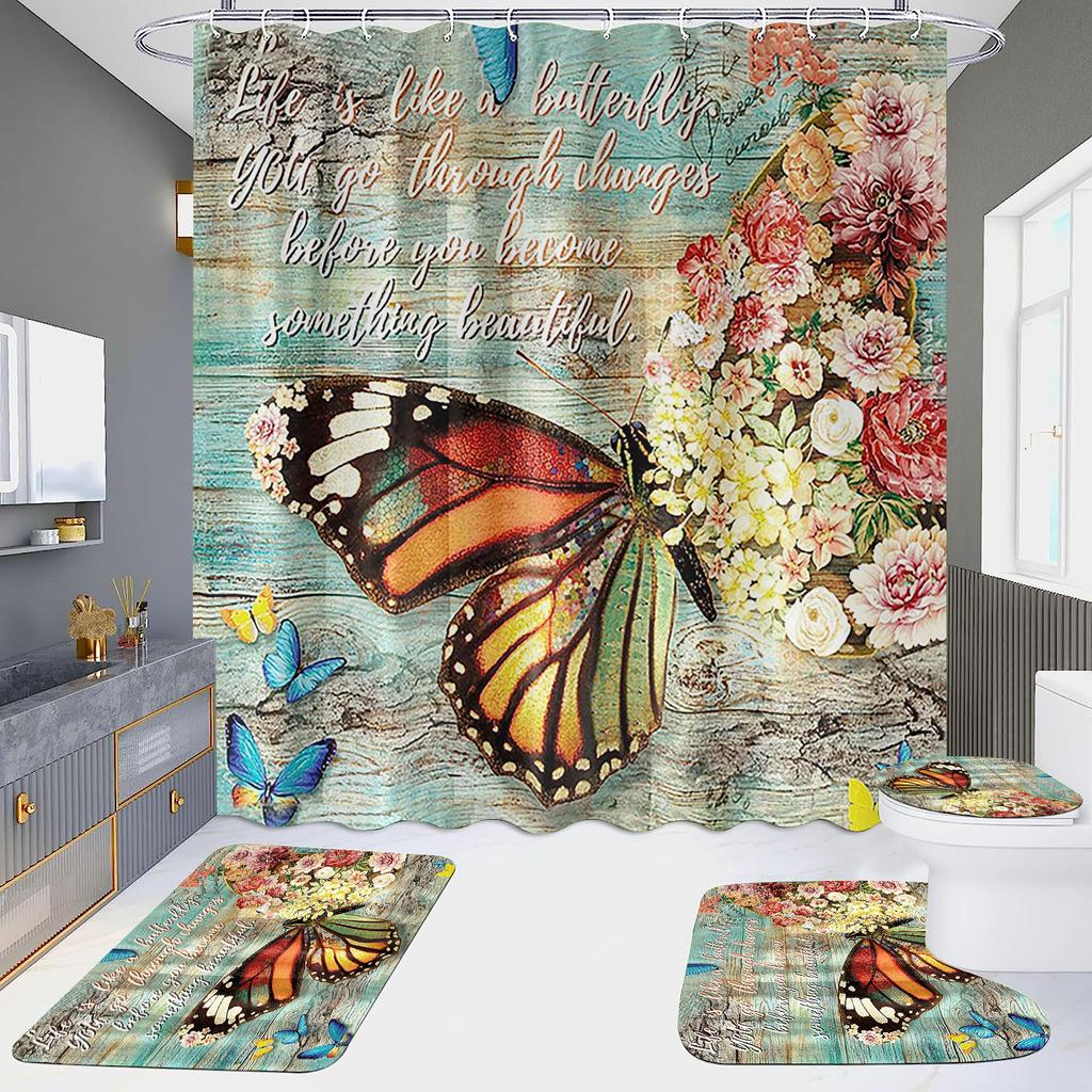 4-Piece Shower Curtain Set with HD Digital Printing | Waterproof, Drill-Free, Ideal for Home/Hotel Bathroom Partition