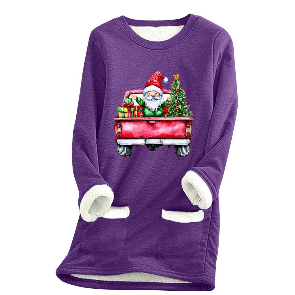 Ladies' Loose And Comfortable Round Neck Christmas Print Thick With Pockets Long Sleeved Top