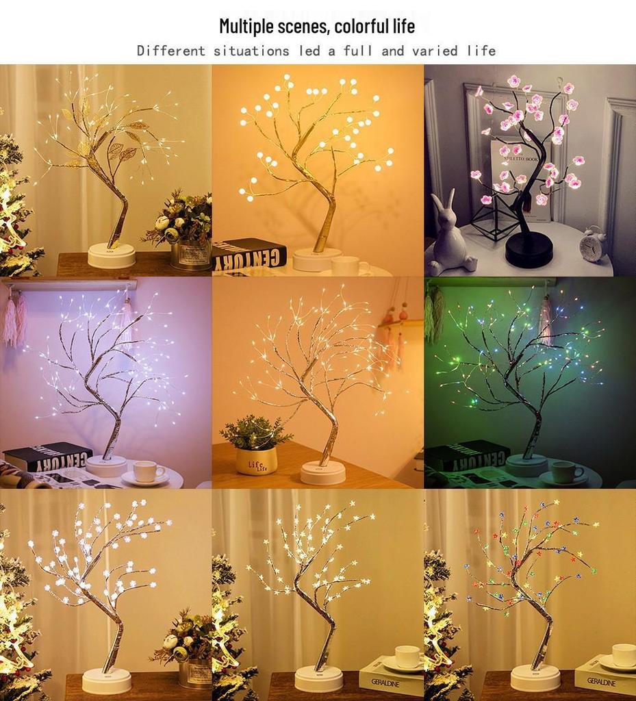 LED Bonsai Tree Lamp: Silver Branches with Pearls and Gold Leaf, Perfect for Christmas or Night Lighting
