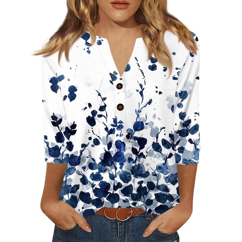 Dames T-shirt Print Knoop 3/4 Mouw Dagelijks Weekend Mode Basic V-hals Normale Top
