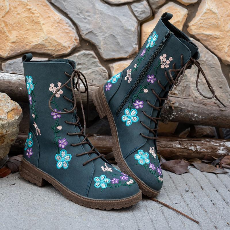 Woman Ankle Boots Retro Embroidery Spring Autumn Shoes Women Casual Thick Low Heel Side Zip Western Round Head Fashion Botines