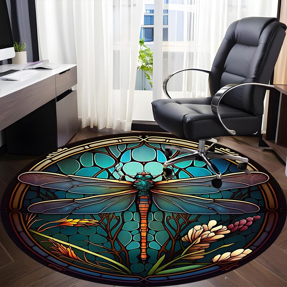 1PC Dragonfly StainedGlass Office Round Area Rug, Mat Suitable ForOffice, Under Office Chairs Bedroom Living Room Home Decor, Room Deco