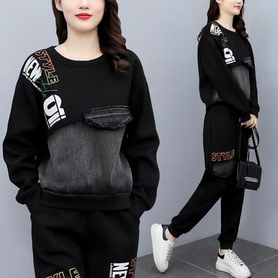 Zweiteiliges Set für Damen in Übergröße, Patchwork-Denim, langärmelige Jacke und Hose, modisches zweiteiliges Set für Damen