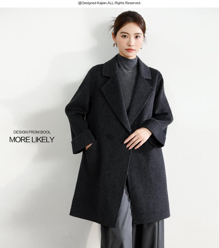 Women's Mid-Length Black Double-Faced Cashmere Wool Coat - 2025 Autumn/Winter Collection
