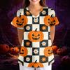 Women's Halloween Print V-Neck Short Sleeve Scrub Top with Pockets, Loose Fit
