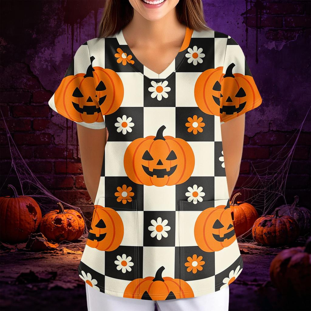 Women's Halloween Print V-Neck Short Sleeve Scrub Top with Pockets, Loose Fit