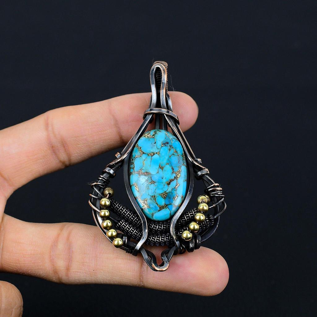 Copper Turquoise Gemstone Pure Copper Wire Wrapped Designer Handmade Pendant Jewelry For Gift