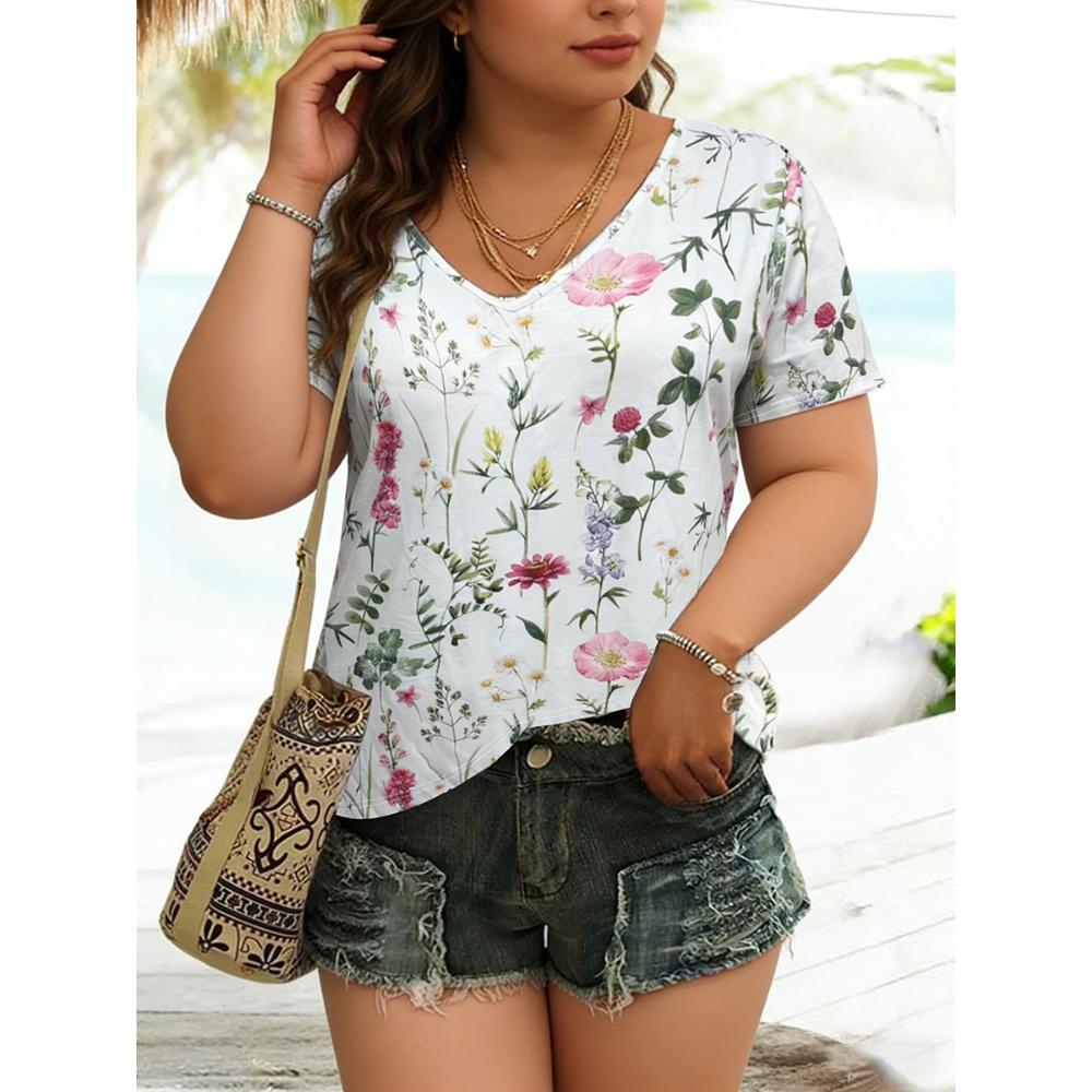 

Plus Size Women s T-Shirt V Neck Short Sleeve Floral Print Loose Fit Tops Boho Spring Summer Casual T-Shirt Beach Soft Tops 3XL