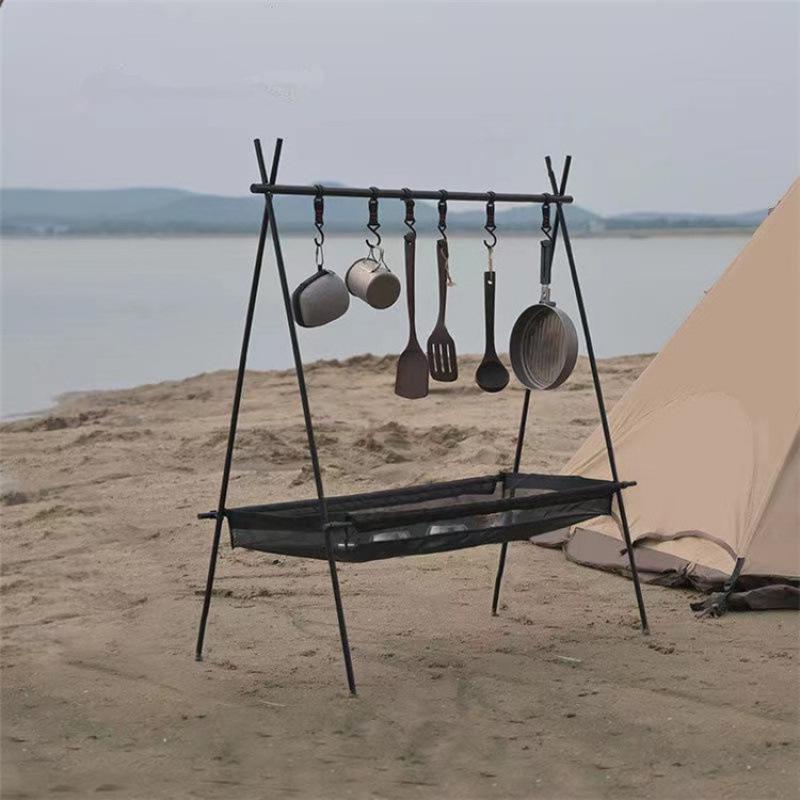 Portable Double-Layer Foldable Storage Rack with Mesh Bag for Outdoor Camping, Self-Driving Tours, Home Use, and Picnics.