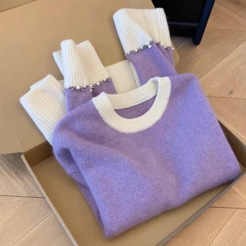 

Ленивый ветер высококлассный фиолетовый свитер женский осенне-зимний новый тяжелая промышленность гвоздь бусина контрастный цвет вязаный свитер one size fits all фиолетовый