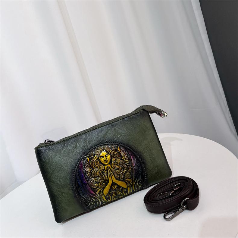 

Этническая винтажная круглая сумка кроссбоди - Дамская сумка на плечо с ручным тиснением, минималистичная текстура, вместительная сумка для通勤 зелёный