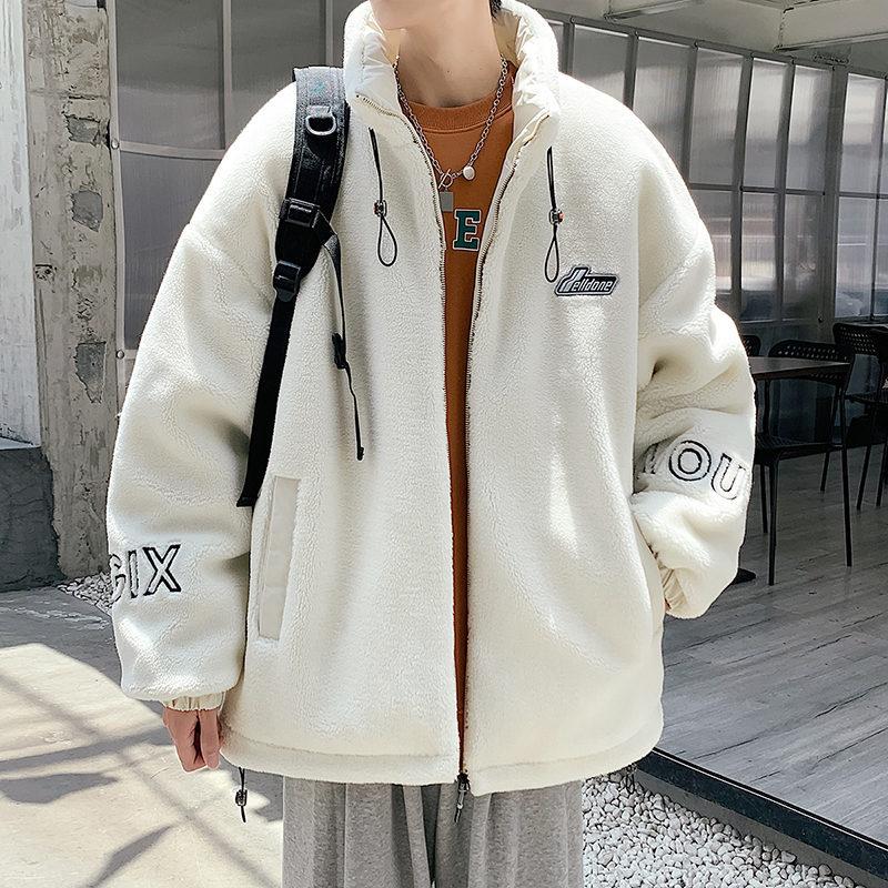 Neuer Wintermantel aus Lammsamt-Baumwolle für Herren, lockere und trendige Jacke im Hongkong-Stil, Baumwollmantel mit Stehkragen und Kordelzug für Herren