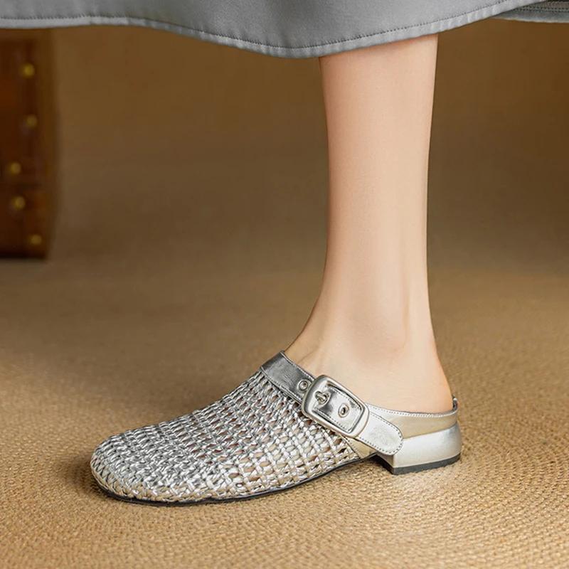 Fashion 2025 New Summer Women Mules Leather Women Shoes Round Toe Chunky Heel Microfiber Weave Sandals Cover Toe Women Slippers