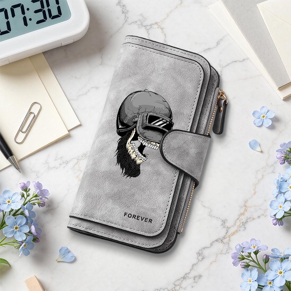 Skull Print Long Wallet Fashion Casual Card Holder Portable Durable Daily Use Purse for Men