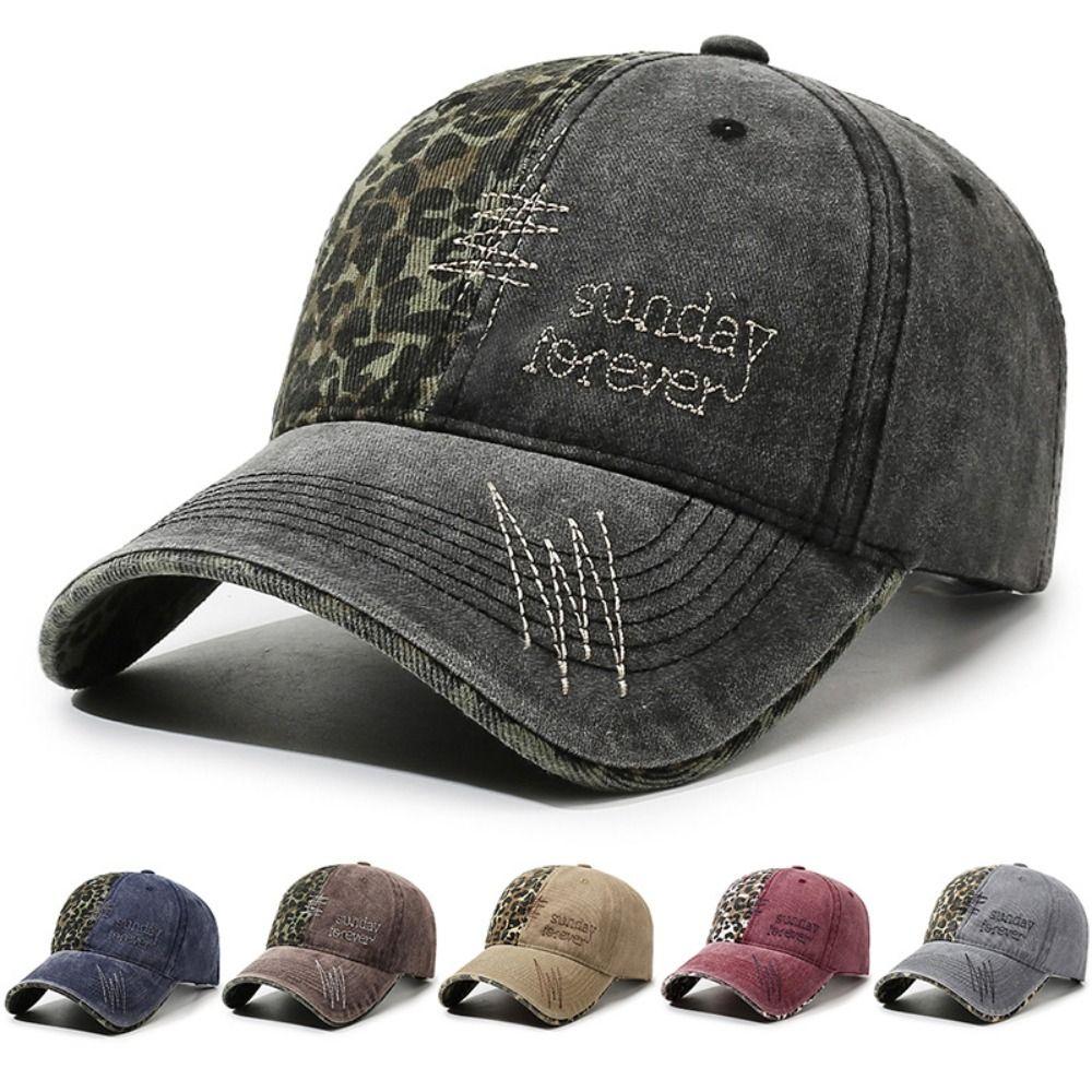 Zealous Sole Women's Red Sunday Foreve Embroide Leopard Patchwork Baseball Cap Distressed Hip Hop Sun Hat Washed Cotton Adjustable Trucker Hat