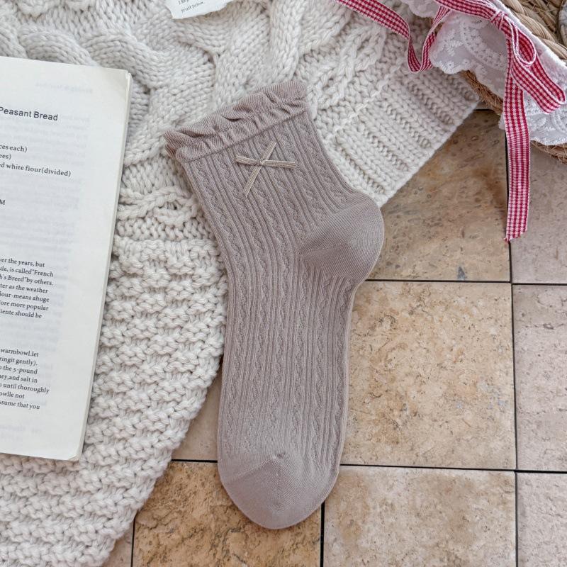 Autumn Sweetly Piled Stockings - Embroidered Butterfly Knots, Combed Cotton Mid-Calf Stockings, Ballet Style, Lolita Style