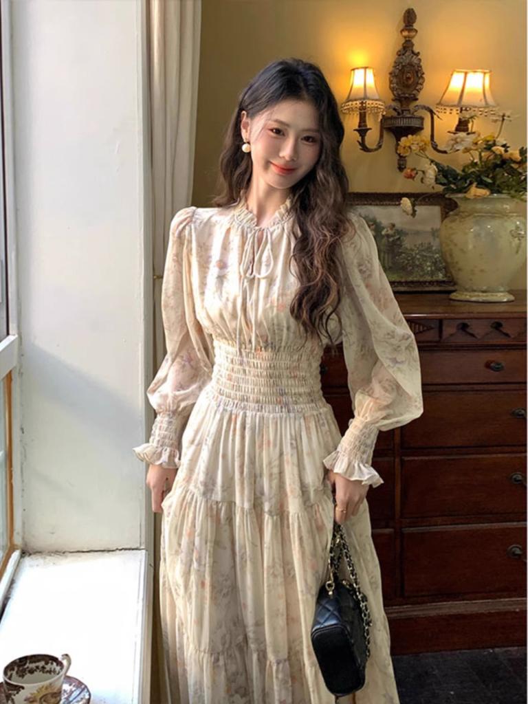 Coffee Break French Floral Chiffon Dress Women's Long Models Early and Early Autumn New Models Super Good-looking Waist Long Dress