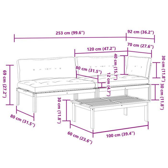 VidaXL Salon palette de jardin avec coussins 3pcs bois d'acacia massif, ensemble de table et de chaise de jardin, ensemble 3209319