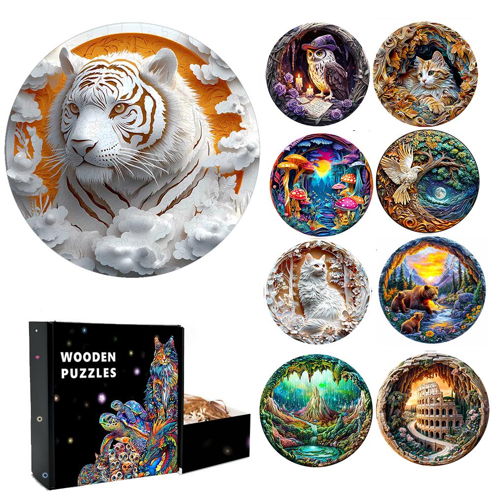 3D Paper Cutting Tiger Wooden Jigsaw Puzzle Exquisite Pattern Birthday Gift for Adult or Kids Montessori Games Puzzles Toy