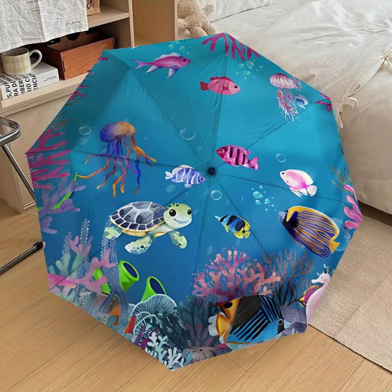 Underwater Paradise: Colorful Sea Life Coral Reef Jellyfish Fish Turtle Starfish Automatic Opening Folding Umbrella - Outdoor Rain Gear for