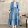Women Elegant Lace Patchwork Casual Stand Collar Flare Long Sleeve Loose Dress