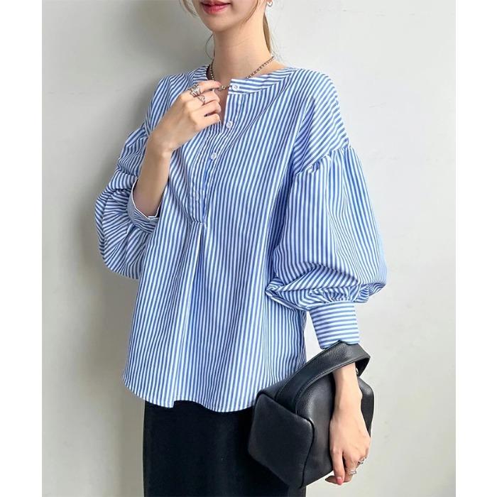 

Spring and Summer Women s Bubble Sleeve Striped Shirt Top Professional Shirt 3XL