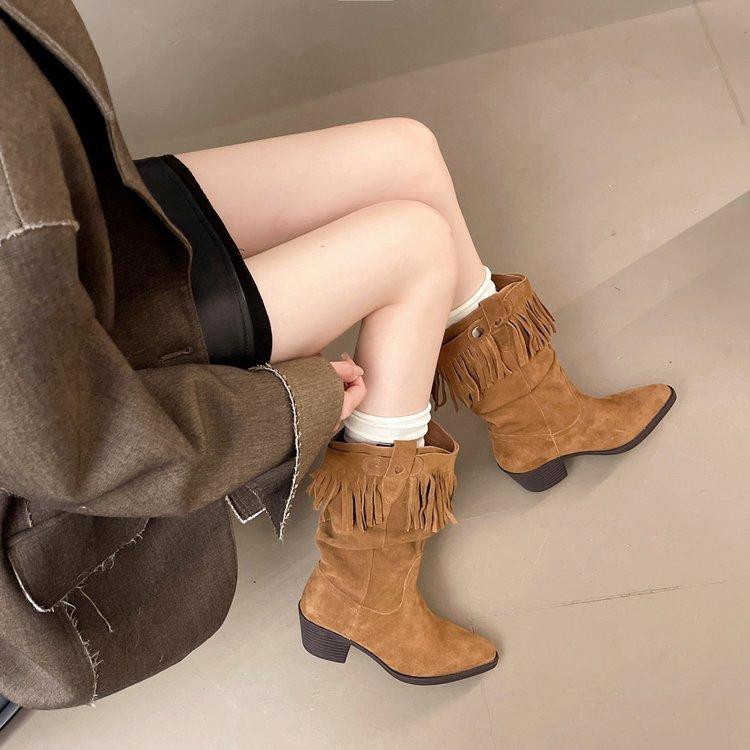 Maillard retro fringed thick heel medium tube Martin boots women's 2025 new autumn and winter pointed western cowboy boots short boots