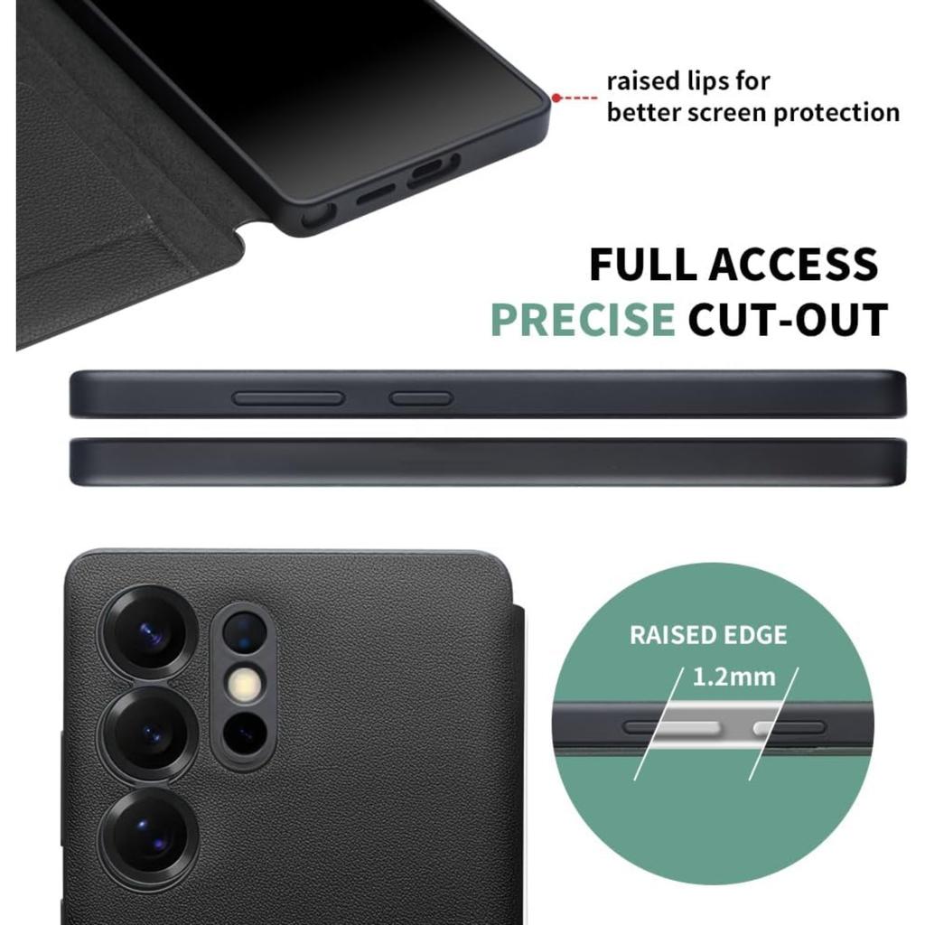 Genuine Leather Smart Case for Samsung Galaxy S25 Ultra Light Phone Cover with Smart View Case for S25 Ultra(Only for S25 Ultra Black)