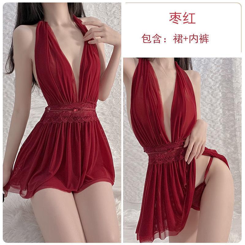 Sex underwear neck skirt French nightgown dinner bar uniform mesh backless perspective dress