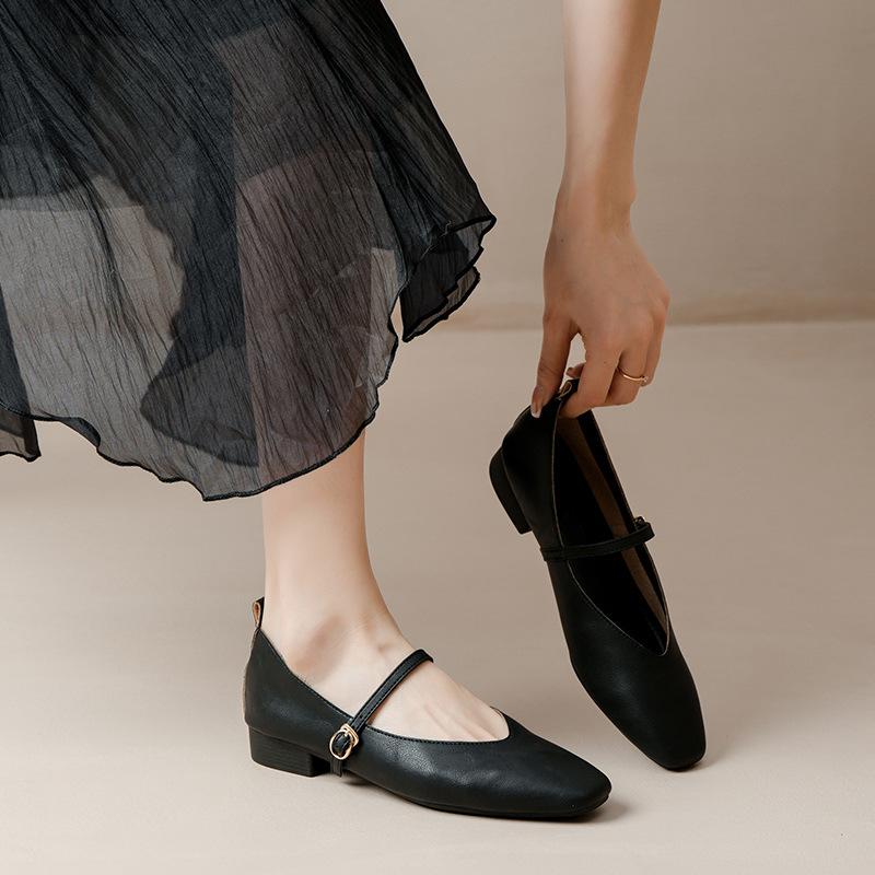 Kožené babičkovské boty na silném podpatku s páskem Mary Jane, francouzská čtvercová špička, dámské boty na středním podpatku, nové jarní a podzimní univerzální dámské boty