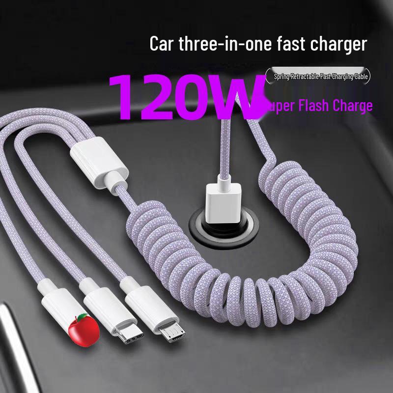 120W Fast Charging 3-in-1 Data Cable for Apple, Huawei, and Android – 6A Car Charger Compatible