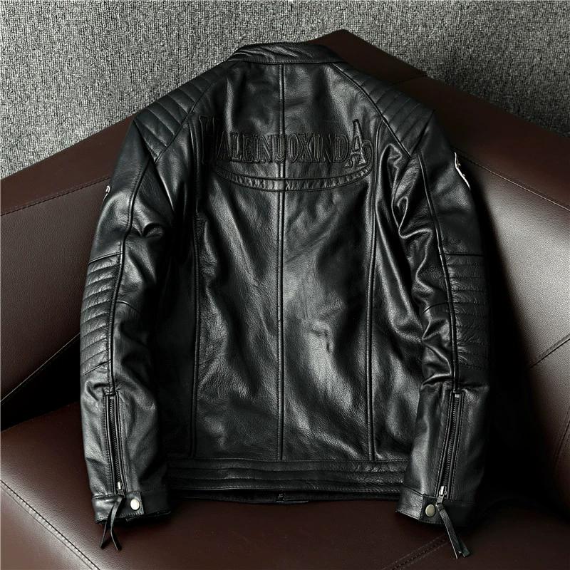 New Heavyweight Genuine Leather Biker Jacket Men Slim Fit Stand Collar Trendy Motorcycle Coat