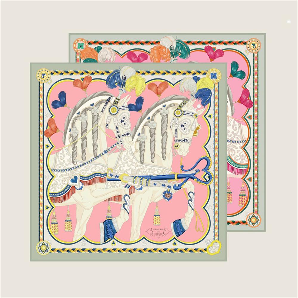 Silk Scarves Two Horse Printed Twill Silk Scarf Women Shawls Luxury Design Hijab Fashion Square Curled Scarf Neckerchief