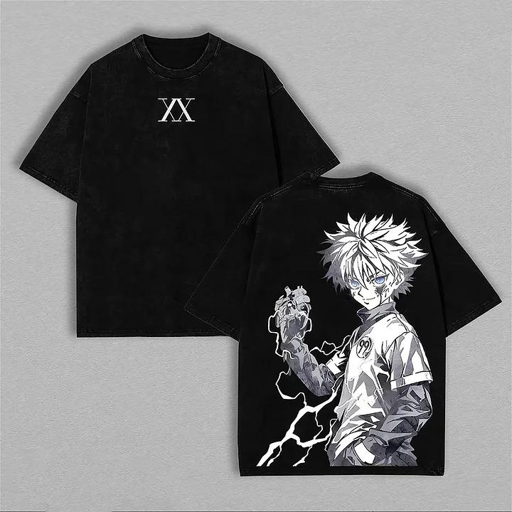 Hunter X Hunter Killua Zoldyck Lightning Graphic Double Sided Japanese Anime Vintage Washed Black T-Shirt Unisex Oversized Y2K