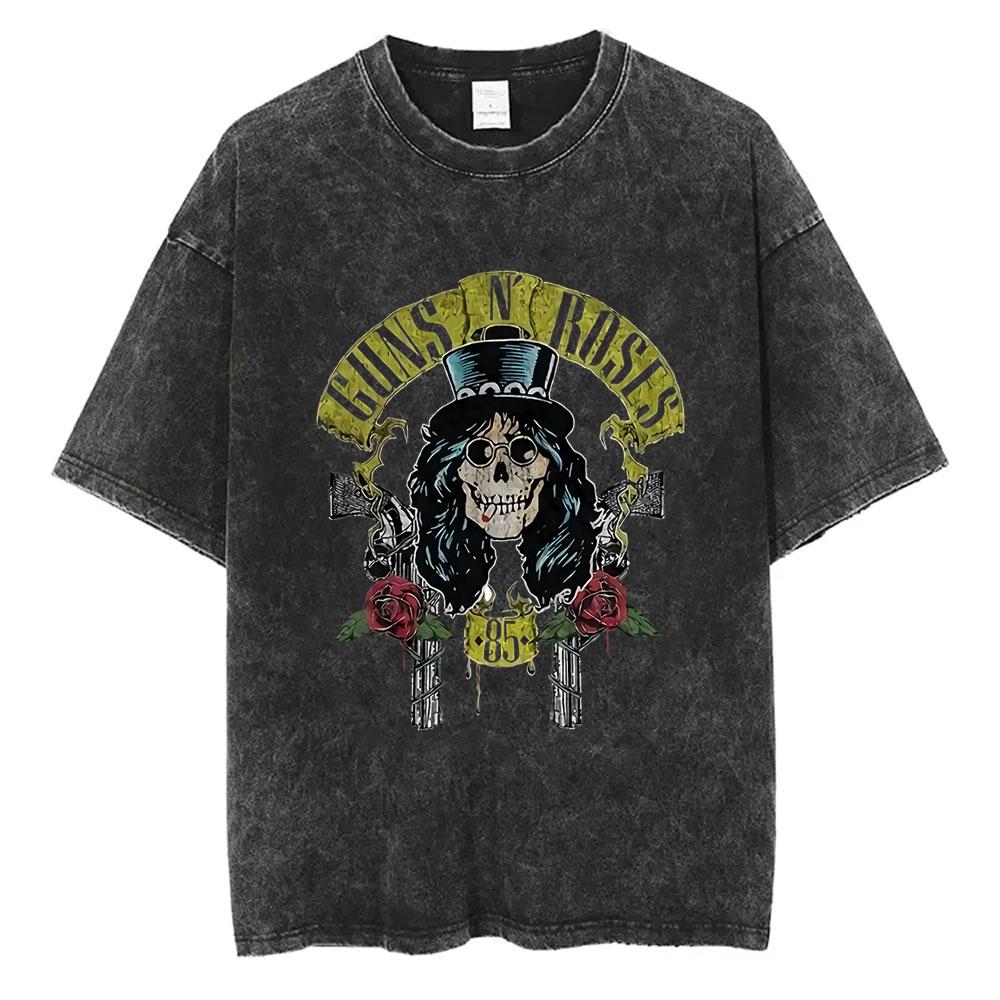 Men Women Guns N Roses Bullet Rose Rock Band Music Washed Vintage Tshirt Male Fashion Oversized Tshirt Men Women Casual Tees
