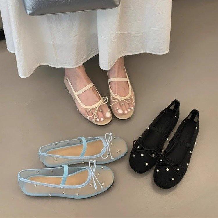 Designer Women Mesh Ballet Flats Crystal Dance Shoes Bowknot Loafers  Ladies Elastic Band Mary Janes Flat Shoes