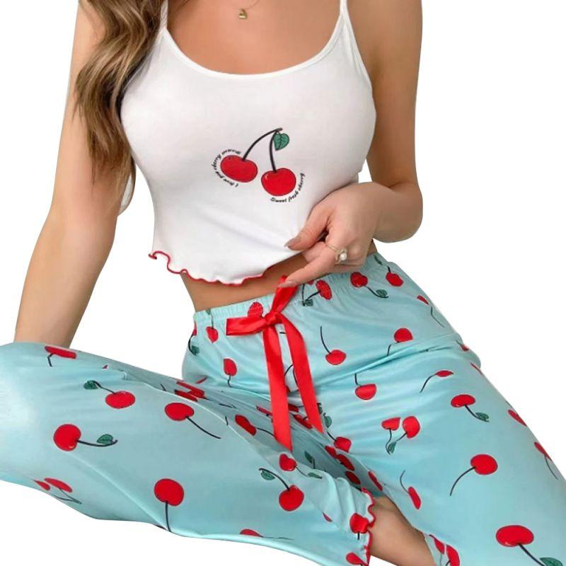 

Women Cherry Printed Suspender Vest and Pants Pajama Set Loungewear S
