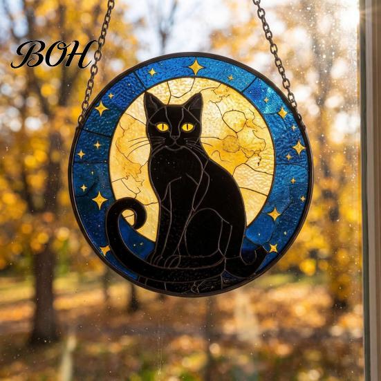 Witchcraft Aesthetic Room Decor Halloween Moon Black Cat Suncatcher Jigsaw Puzzle, 2D Acrylic Mystical Feline Window Hanging Decor, 7.87 Inch