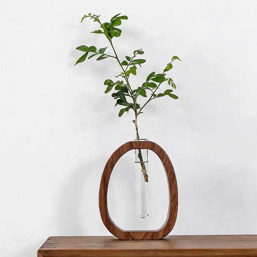 Solid Wood Transparent Glass Hydroponic Flower Vase Made of Walnut  Wood for Household Use, Small Flower Bottle