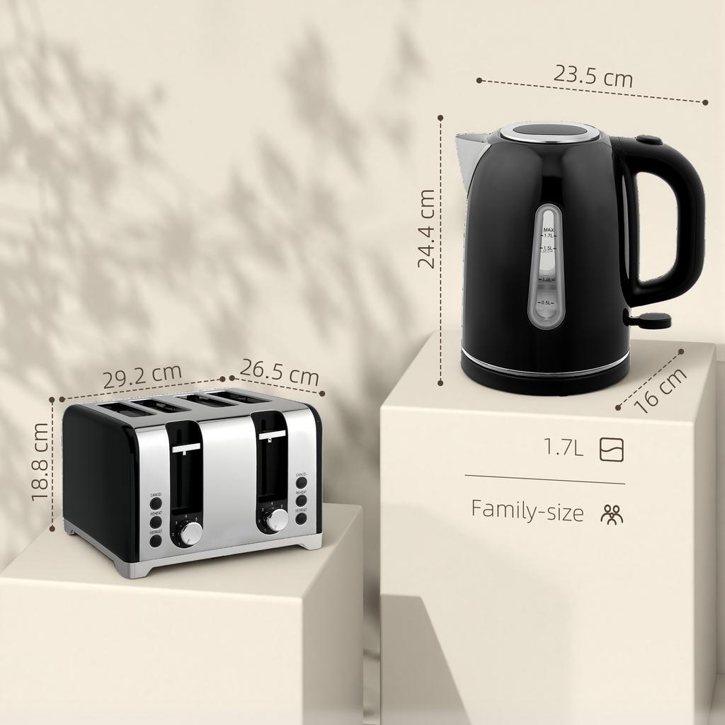 Kettle and Toaster Set, 1.7L 3000W Rapid Boil Jug Kettle with Otter Thermostat, Limescale Filter, 4 Slice Toaster with 7 Browning Controls