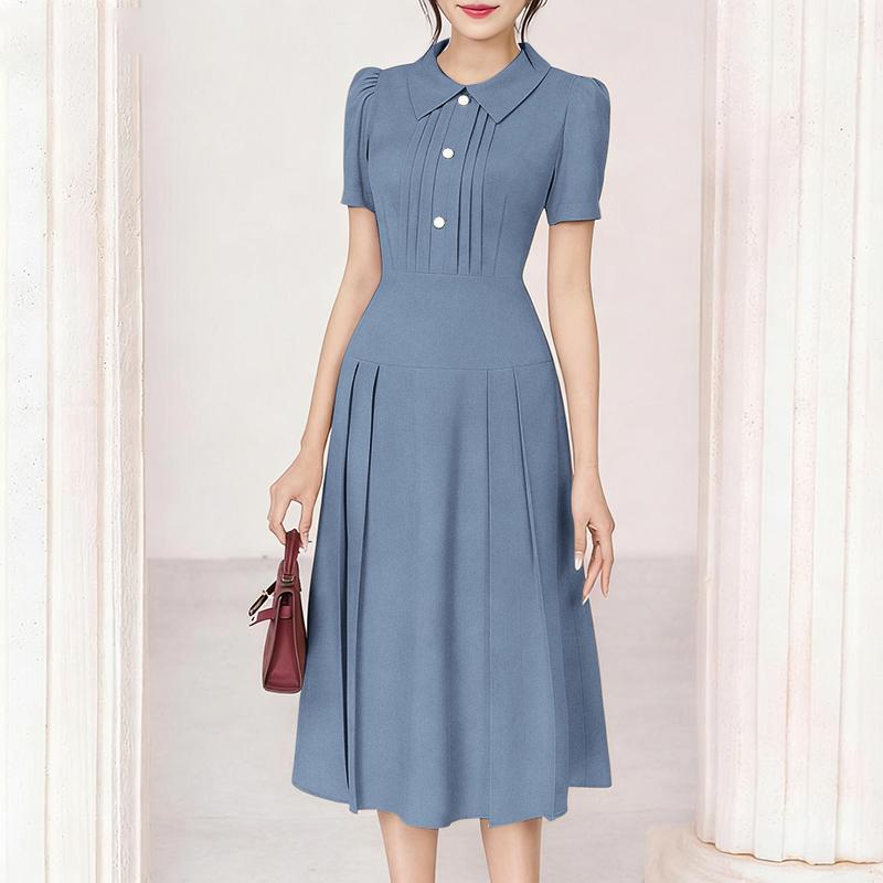 ZANZEA Womens Casual Lapel Collar Solid Color Short Sleeve Elegant A-line Dress