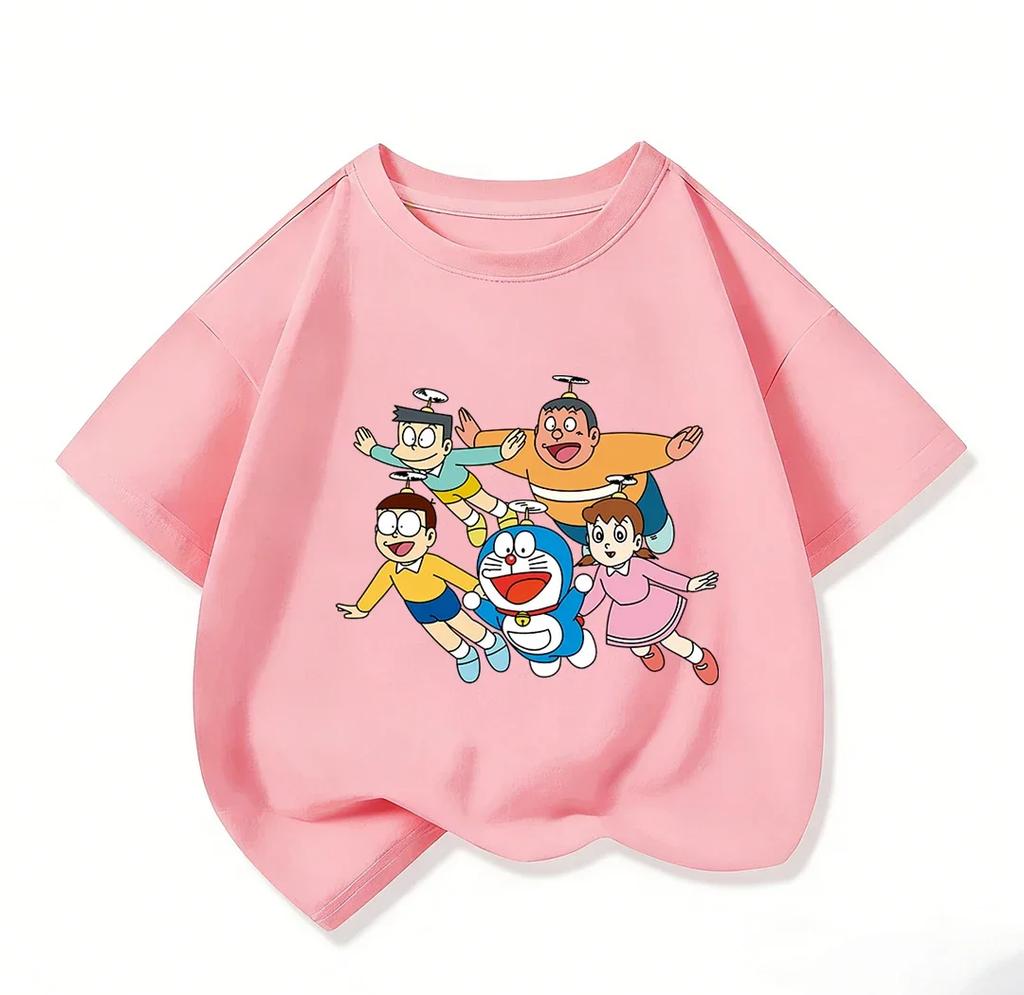 Summer Cute Short Sleeve Tee Children Lovely Cartoon Print Fashion Street Style Tops Doraemon Boys Girls Clothes 314Y