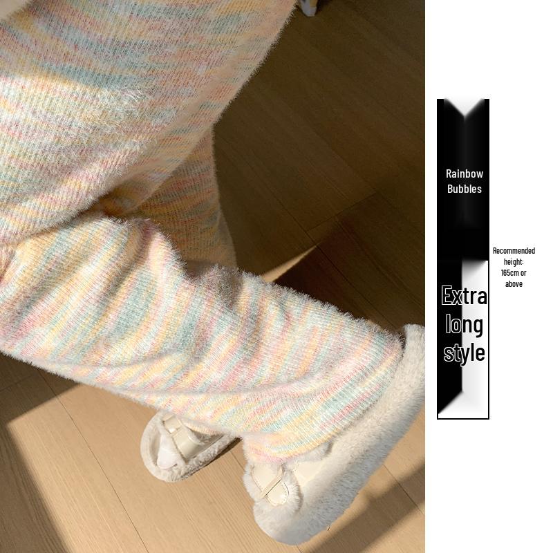 Women s High-Waisted Plus Velvet Wide-Leg Knit Pants - Warm, Casual, Suitable for Autumn-Winter 2025 L