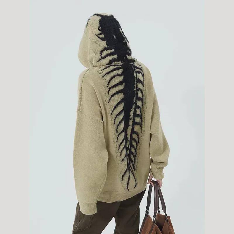 Unisex svetr s kapucí a výšivkou stonožky - volný střih, ležérní styl, pletený na jaro/podzim