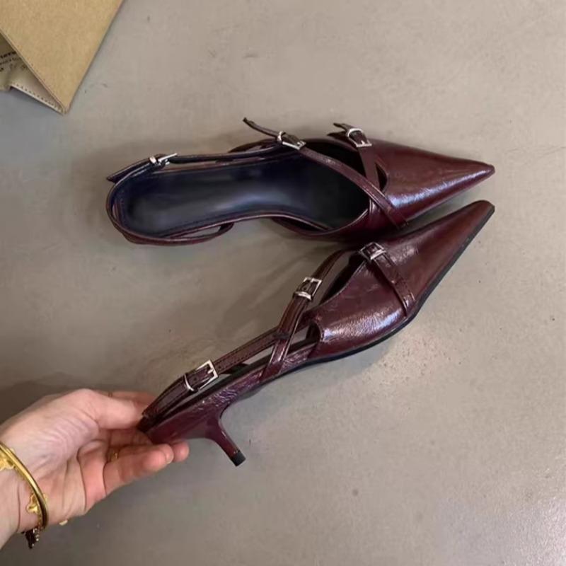 Summer new Baotou sandals women's pointed head shallow mouth metal buckle soft sole anti-slip wear-resistant low heel shoes