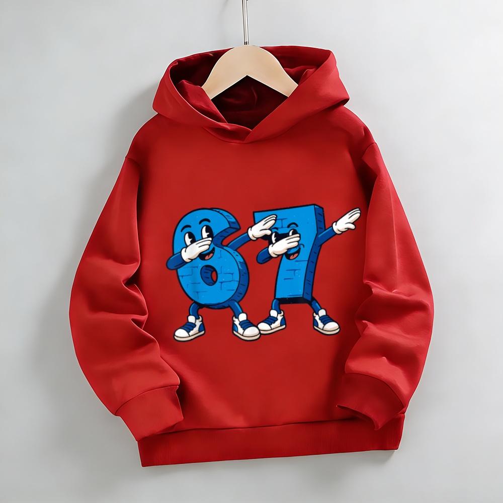 Trend Dazzle Color Boy Holding Number 67 Print Kids Hoodies Personality Graffiti Loose Casual Girl Hooded Top