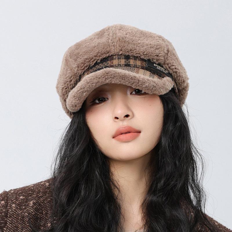 Plüsch achteckige Kappe Damen Herbst Winter warme Baskenmütze großen Kopf Zeitungsjunge Mütze