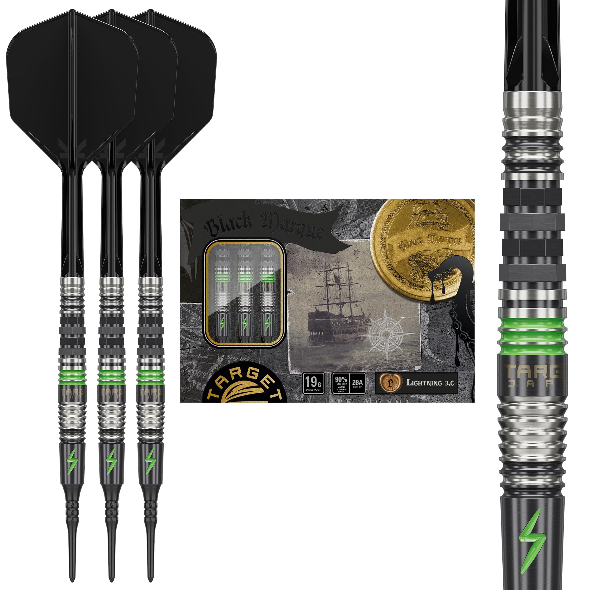 

TARGET JAPAN BLACK MARQUE LIGHTNING 2BA SOFT TIP DARTS Chris Lim Model Tungsten 2BA Soft Tip Dart 19g Mark Lightning 3.0 90% 90% K-Flex Set, (Black